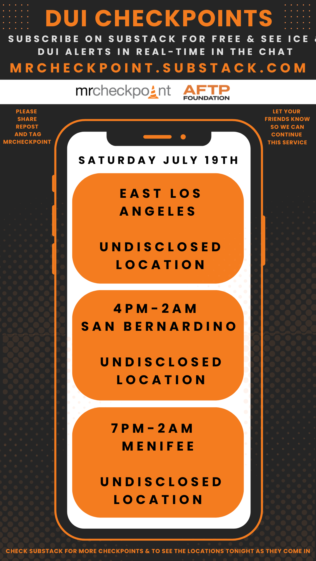 DUI Checkpoints saturday july 19th 2025