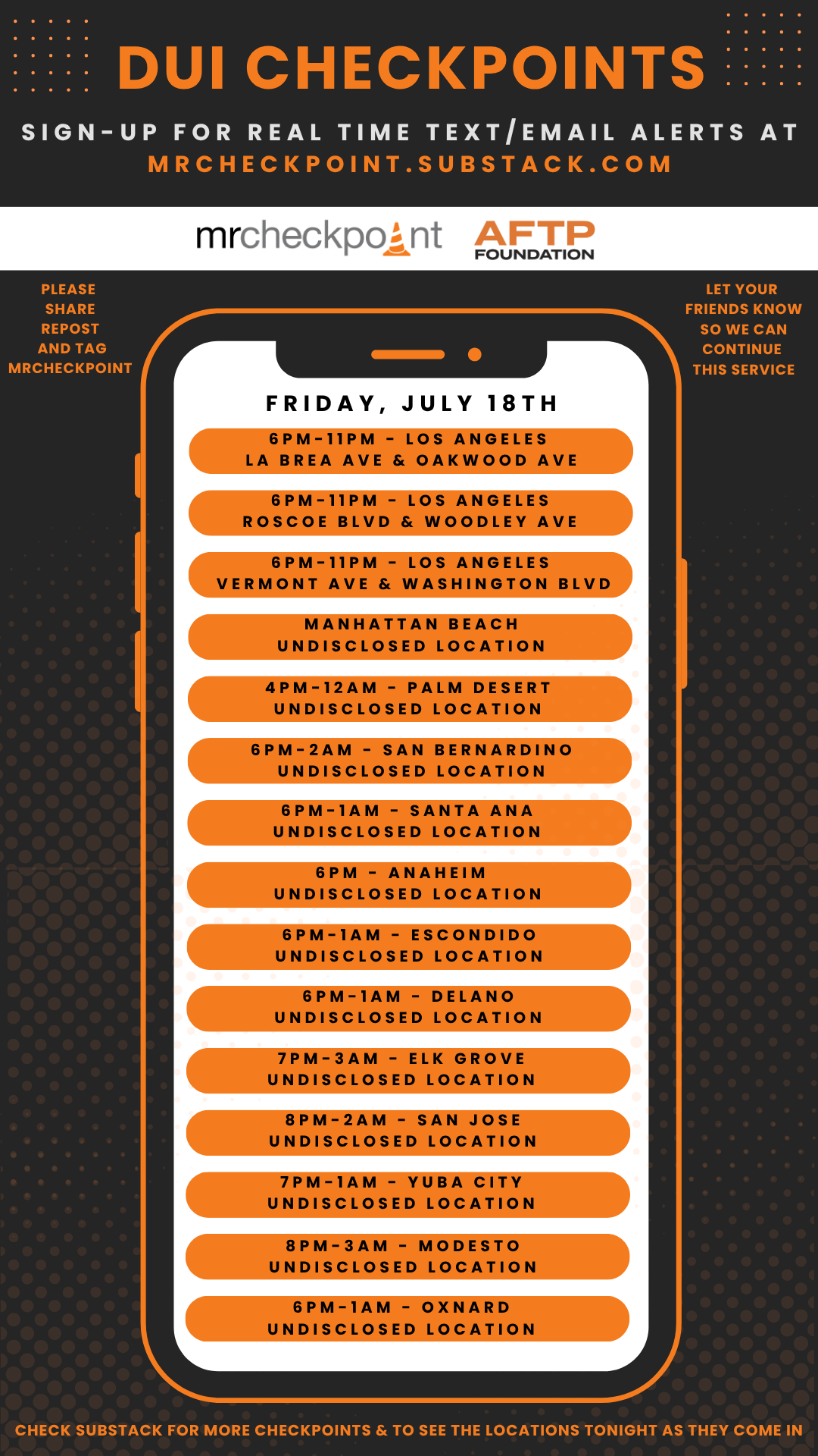 dui checkpoints friday july 18th 2025