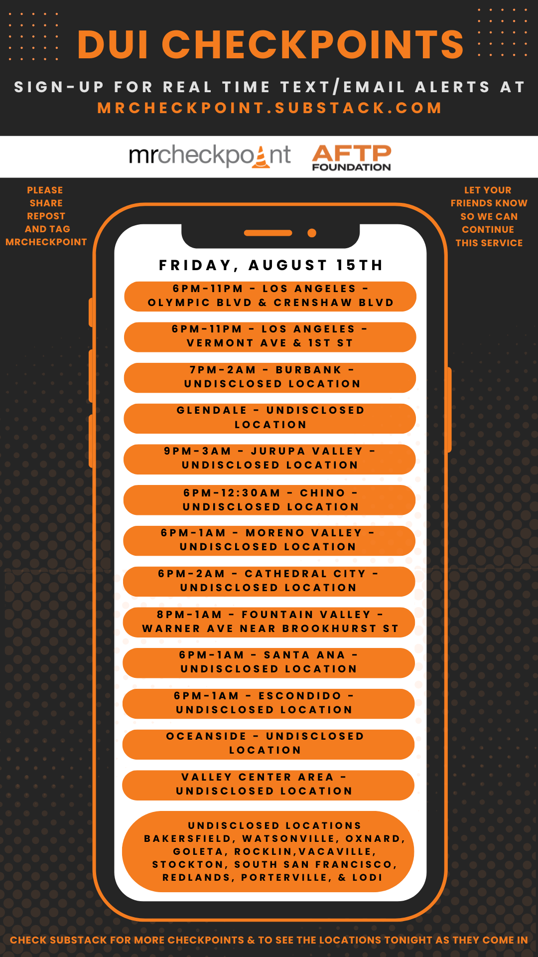 DUI Checkpoints friday august 15th 2025