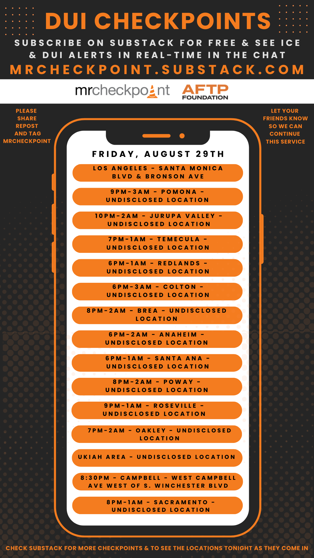 dui checkpoints friday august 29th 2025