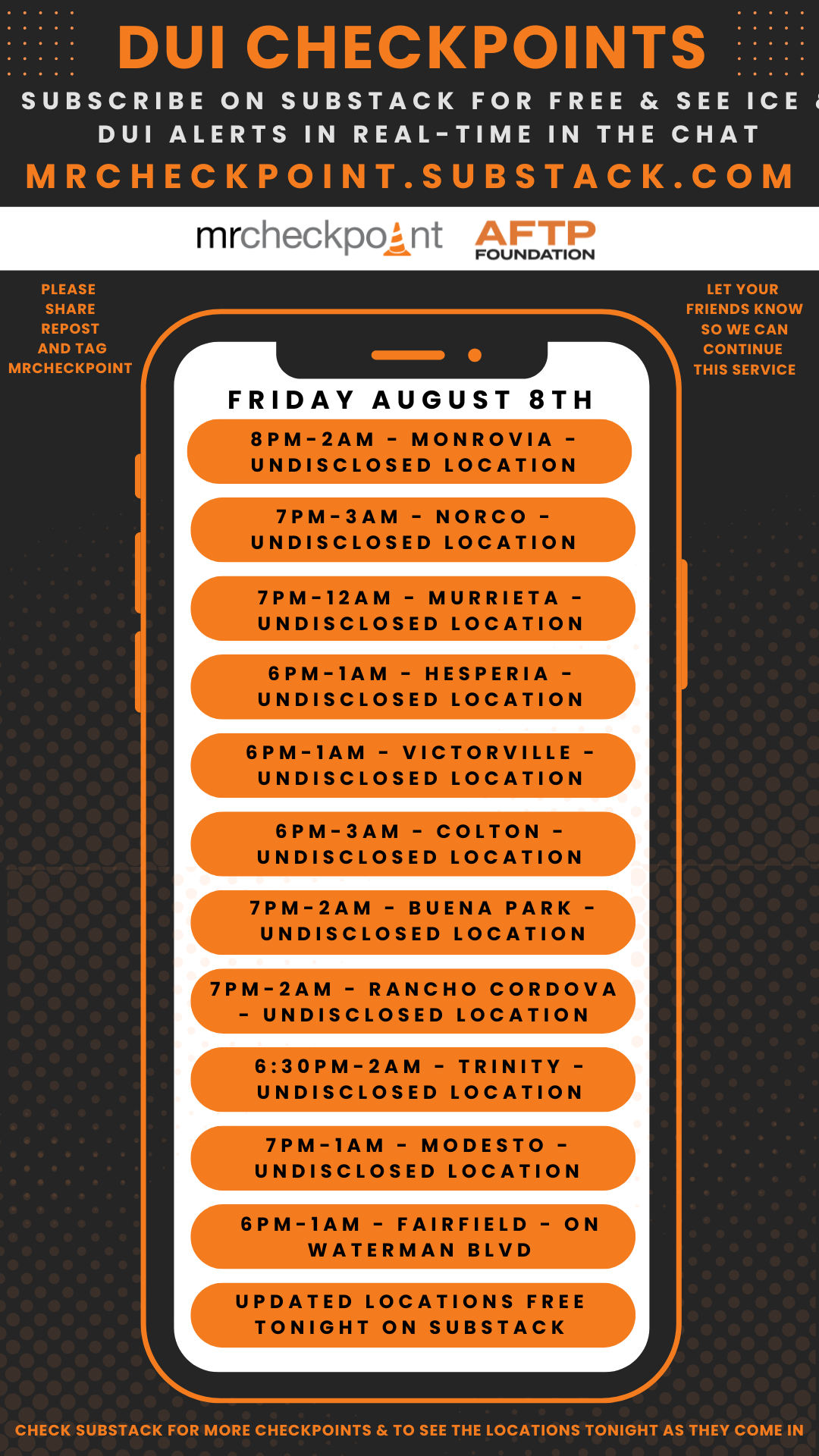 dui checkpoints friday august 8th